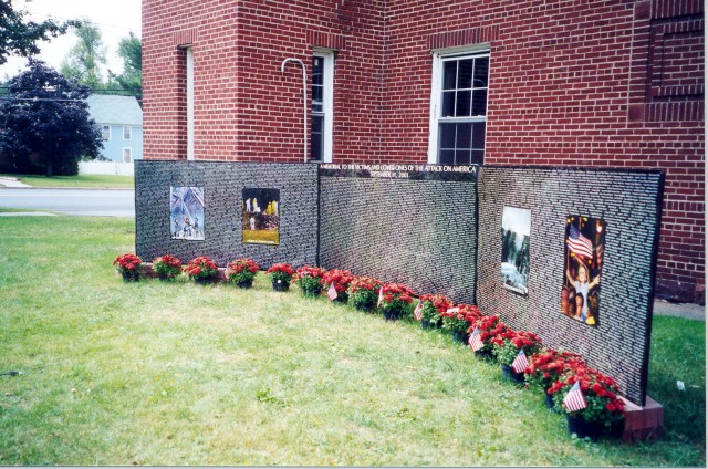 Memorial displayed outside fire station to victims of the September 11, 2001 terrorist attacks