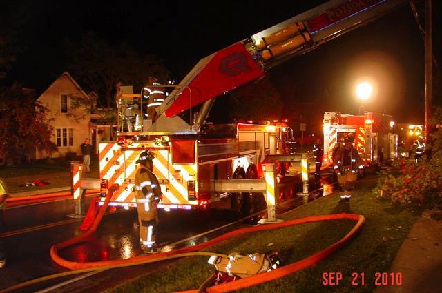 Tower 5 operating at a structure fire on Lawrence Avenue in September 2010.