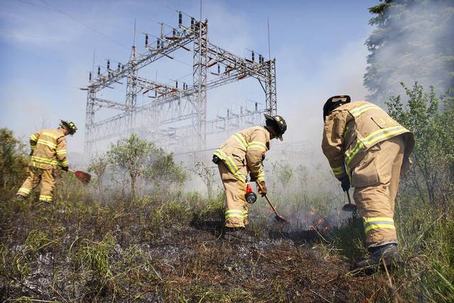 Firefighters operating at a grass fire on Lawrence Avenue.